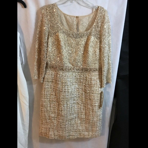 NWT Kay Unger Embellished Lace‎ & Tweed Dress Champagne/Gold [SZ 12 ] - Picture 2 of 13